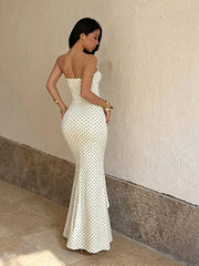 White Strapless Polka Dot Maxi Dress