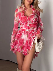 Pink Printed Long Sleeve Ruffled Mini Dress