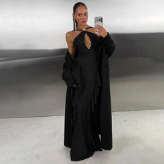 Halter Hollow Out Frill Ruched Maxi Dress