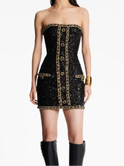 Black Sequin Gold Chain Strapless Mini Dress