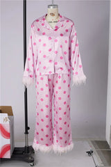 Polka Dot Satin Feather Cuff Shirt And Long Trousers Set