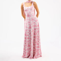 Pink Printed Square Neck Long Dress with Scarf