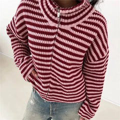 Striped Knit High Neck Zipper Cardigan