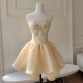 Yellow Strapless Bowknot Puffball Mini Dress