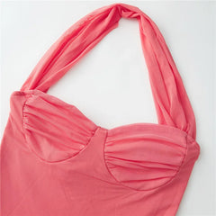 Pink Mesh Halter Strap Maxi Dress