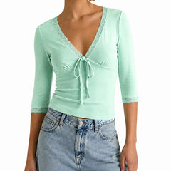 Lace Trim V‑Neck 3/4 Sleeve Crop Top