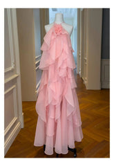 Pink Layered Ruffled 3d Rose Maxi Dress