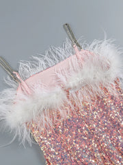 Chain Sequin Bodycon Feathers Midi Dress