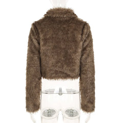 Brown Faux Fur Crop Coat With Patchwork Mini Skirt