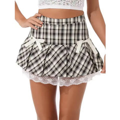 Bow Trim Plaid Ruffle Hem Pleated Mini Skirt