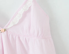 Pink Striped V neck Lace Strap Bow Mini Dress