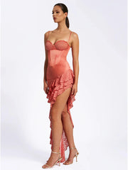 Corset Irregular Ruffle Hem Spaghetti Straps Satin Midi Dress