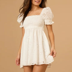 Square Collar Jacquard Puff Sleeve Mini Dress