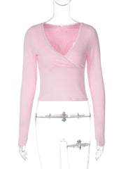 Lace Trim V Neck Long Sleeve Crop Top