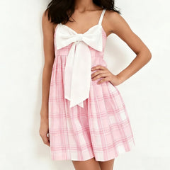 Pink Plaid 3D Bow Appliques Mini Cami Dress