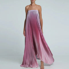 Pink Sleeveless Gradient Pleated Long Dress