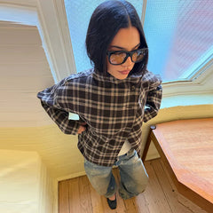 Plaid Asymmetric Button Stand Collar Jacket