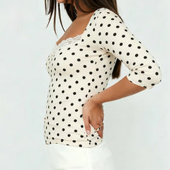 3/4 Sleeve Polka Dot Lace Trim Square Neck Top