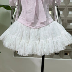 Ruffled Trim Off-shoulder Crop Top And White Tulle Mini Skirt Set