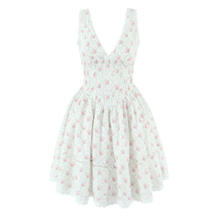 White V-Neck Floral Printed Mini Dress