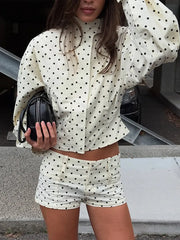 White Polka Dot Zipper Jacket And Shorts Set