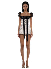 White Polka Dot Lace Sleeves Black Bow Mini Dress