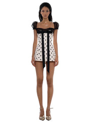 White Polka Dot Lace Sleeves Black Bow Mini Dress