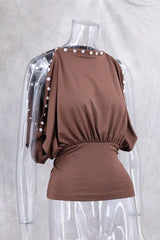 Brown Button Up Off-Shoulder Top