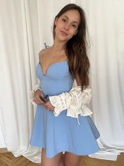 Blue Tie Up Bow Sweet Heart Neckline Mini Dress