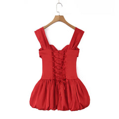 Satin Off-Shoulder Corset Bubble Hem Mini Dress