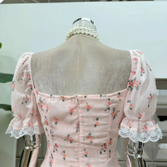 Floral Puff Sleeve Square Collar Mini Dress