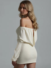 White Off-Shoulder Tie Up Full Sleeve Bodycon Mini Dress