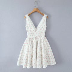 White V-Neck Floral Printed Mini Dress