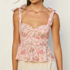 Floral Print Peplum Tie Shoulder Smocked Top