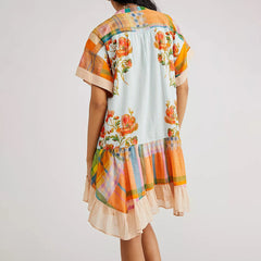 Floral Print Short Sleeve V-Neck Ruffled Hem Loose Mini Dress with Pockets