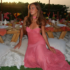 Pink Mesh Halter Strap Maxi Dress