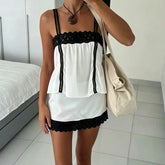 Lace Trim Square Neck Peplum Top And Mini Skirt Set