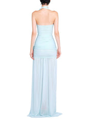 Blue Ruched Halter Draped Bow Maxi Dress