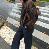 Brown Plaid Turtleneck Sweater And Knit Skirt Set