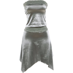 Silver Satin Tube Top And Irregular Hem Midi Skirt Set