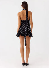 Black Polka Dot Wrap Around Puff Hem Mini Dress