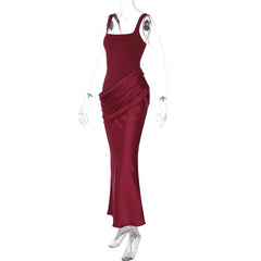 Square Neck Sleeveless Satin Waist Ruched Mermaid Maxi Dress