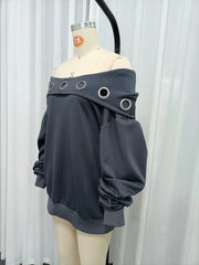 Grey Off-Shoulder Metal Eyelet Hooded Sweatshirt