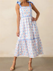Effortless Printed Tiered Midi Dress - Square Neck with Tie Shoulder