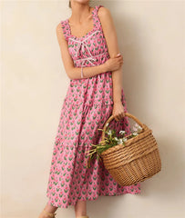 Pink Ruched Printed Maxi Dress