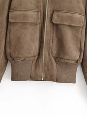 Faux Suede Stand Collar Zip Up Bomber Jacket