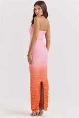 Pink Gradient Strapless Ruched Maxi Dress
