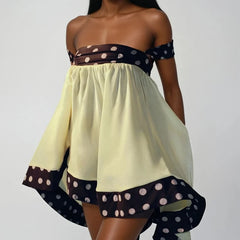 Polka Dots Trim Choker Off Shoulder Strap Bubble Mini Dress