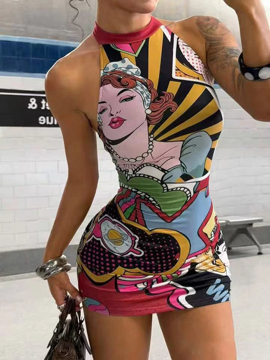 Pop Art Comic Print Halter Bodycon Mini Dress