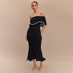 Black Ruffle Off-Shoulder White Trim Long Dresses